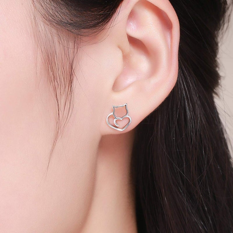MUERDOU Cute Cat Earrings Stud Pearl Earrings for Women Mouse Cubic Zircon Hypoallergenic Earrings Christmas Birthday Gift (Cat earrings) - Image 4